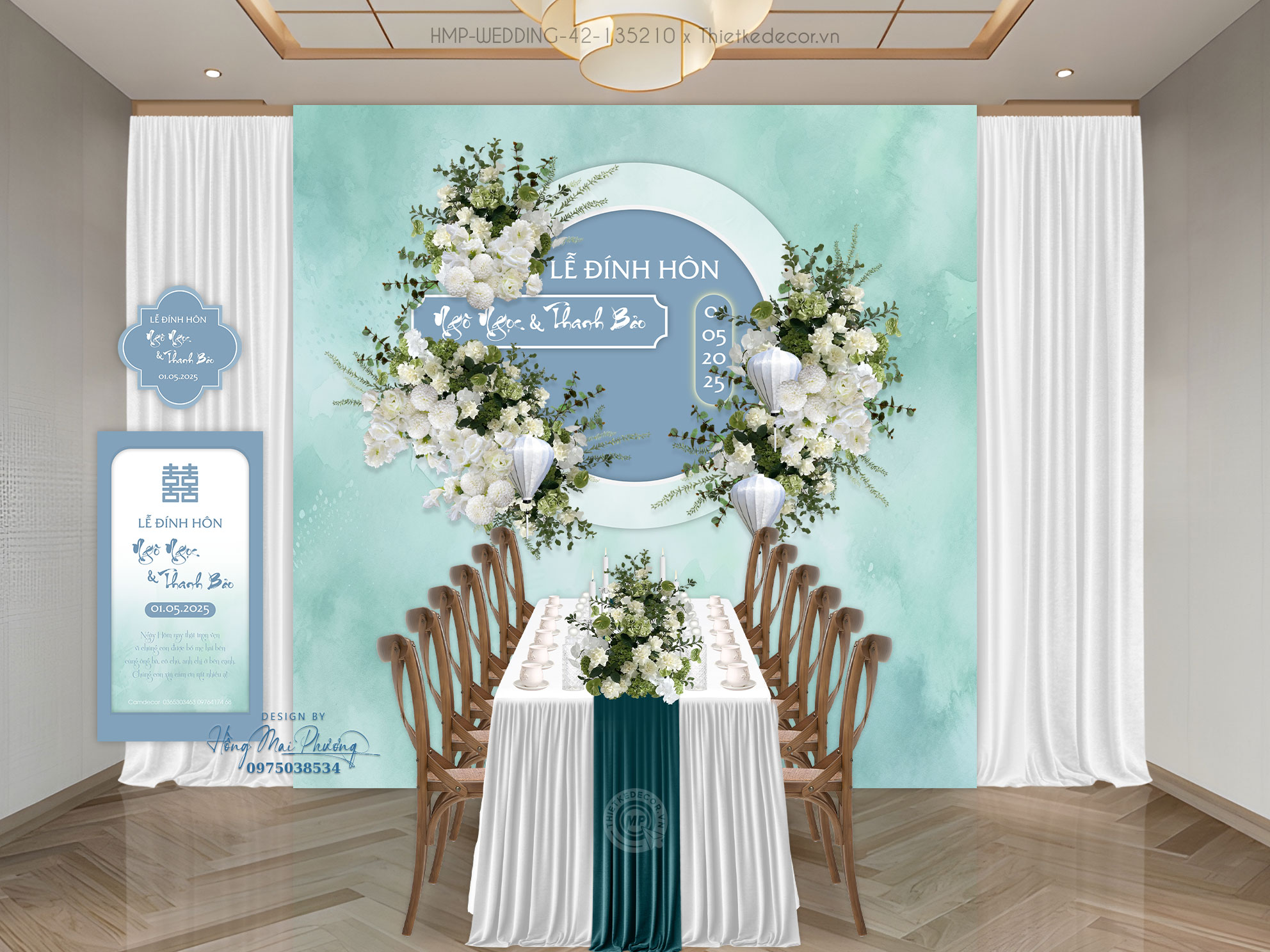 Gia tiên tone xanh lá mix xanh lam nền loang kèm tem nước và tag bàn